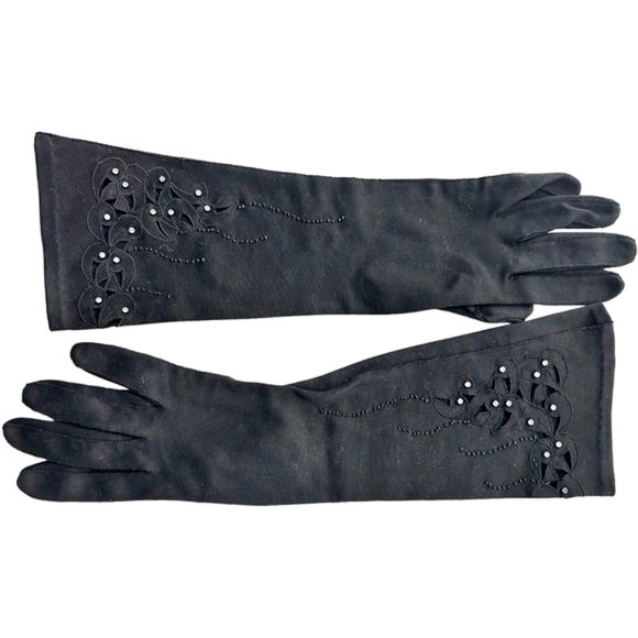 Vintage Accessories - Vintage Wear Right Gloves Black Rhinestone & Cut Outs Size 6.5